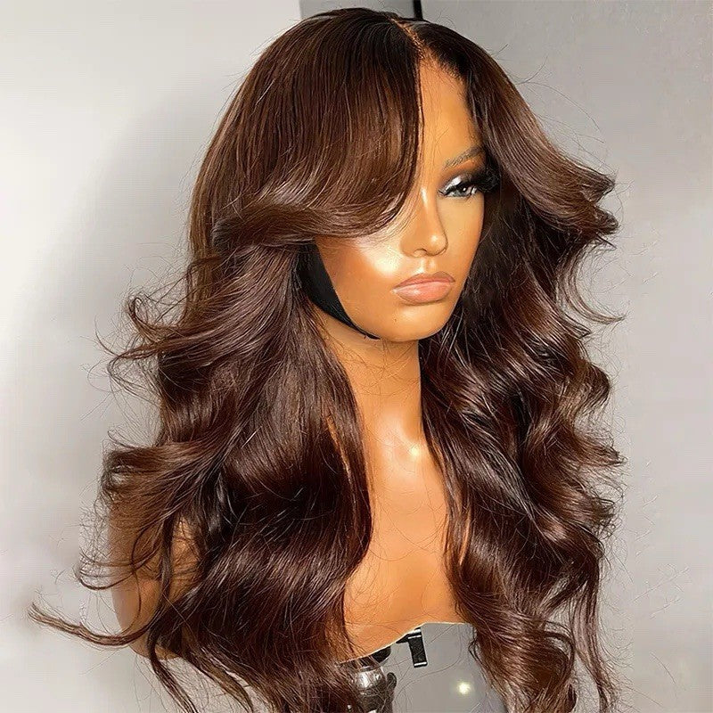 Chic Luxe Hair Chocolate Brown Body Wave With Curtain Bangs Glueless 6×5 Pre-Cut Lace Wig | 100% Human Hair