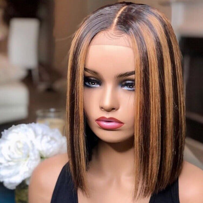 Human Hair Glueless Lace Front Straight Bob Highlights Wig