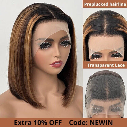 Human Hair Glueless Lace Front Straight Bob Highlights Wig