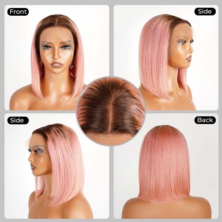 Human Hair Wigs Lace  Coloured #T4/Pink Bob Wig Glueless