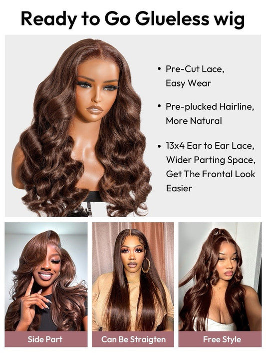 Chic Luxe Hair Ready To Go Pre-Cut Lace Wavy Brown Glueless Wig | 100% Human Hair | 250% Density