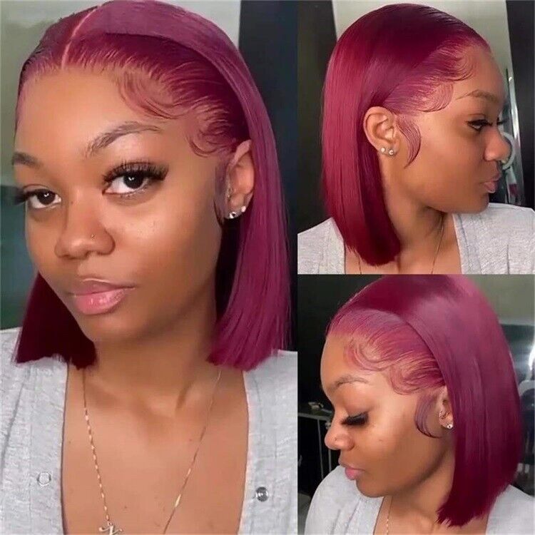 Human Hair Straight Short Bob Full Lace Front Wig UK 99J