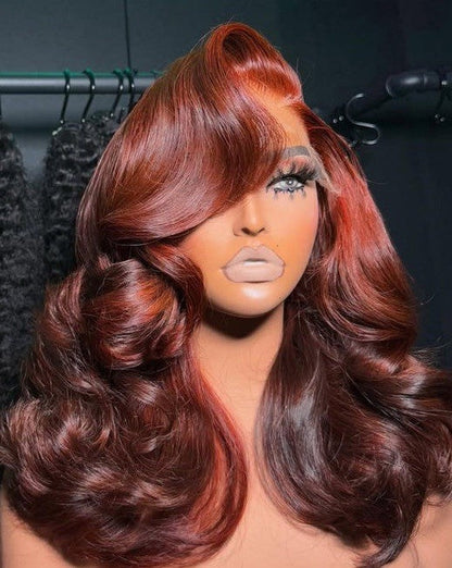 ChicLuxe Hair Vietnamese Layered Bouncy Wave Ready To Go With Curtain Bangs Copper Red Highlight Ombre Wig | 100% Human Hair