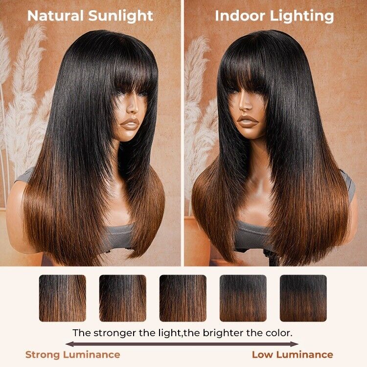 Chic Luxe Hair Ready To Wear Glueless Lace Front Wig With Bangs | Ombré Brown | 100% Human Hair