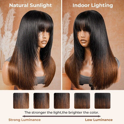Chic Luxe Hair Ready To Wear Glueless Lace Front Wig With Bangs | Ombré Brown | 100% Human Hair