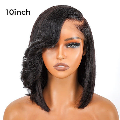 Chic Luxe Hair Layered Cut Straight Glueless Wig Bob With Side Curly Bang | 250% Density | 100% Human Hair