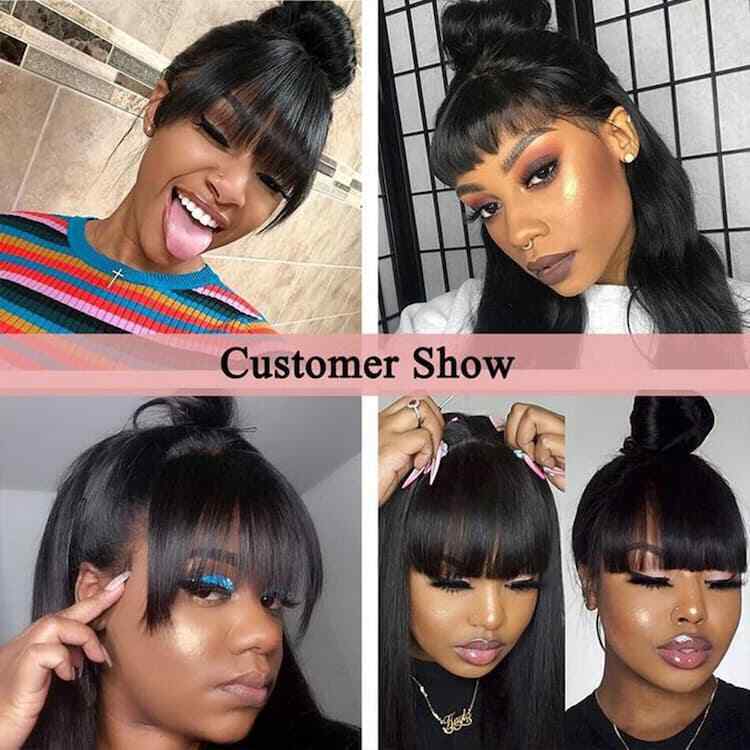 Womens Human Hair Wigs Glueless Lace Front Straight Long Wig With Bangs 210%