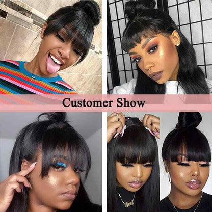 Womens Human Hair Wigs Glueless Lace Front Straight Long Wig With Bangs 210%