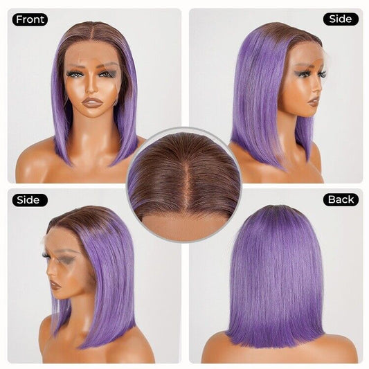 Human Hair Wigs Lace  Coloured #T4/Purple Bob Wig Glueless