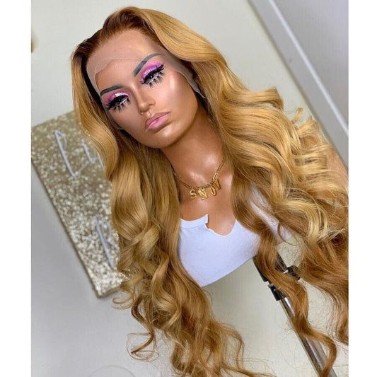 Women Human Hair Wigs Full Lace Front Wavy Long Honey Blonde Wig