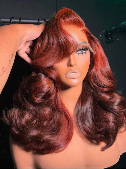 ChicLuxe Hair Vietnamese Layered Bouncy Wave Ready To Go With Curtain Bangs Copper Red Highlight Ombre Wig | 100% Human Hair
