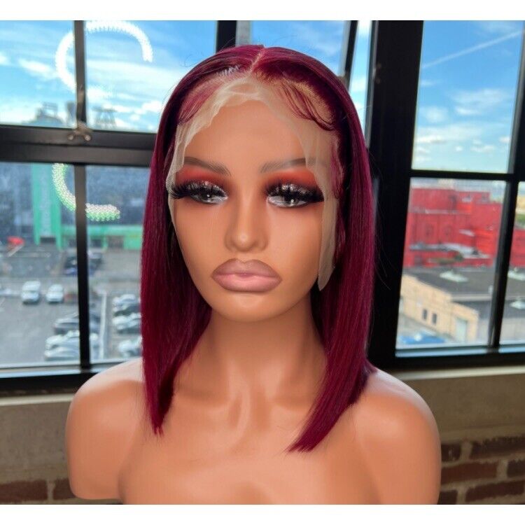 Human Hair Glueless Lace Front Straight Bob Burgundy 99j short Wig