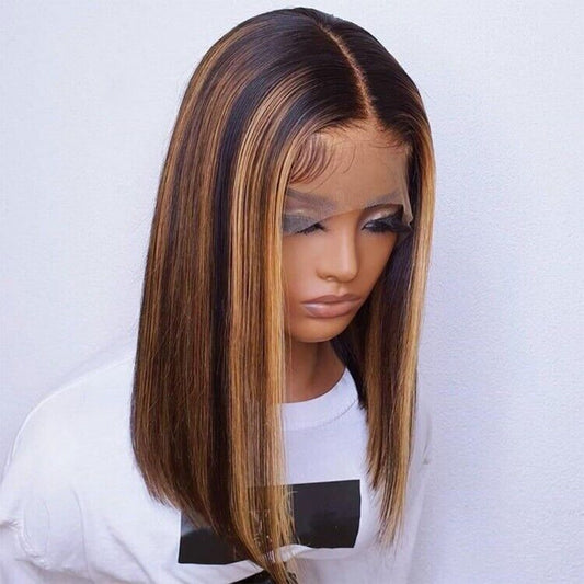 Human Hair Glueless Lace Front Straight Bob Highlights Wig