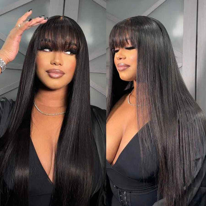 Womens Human Hair Wigs Glueless Lace Front Straight Long Wig With Bangs 210%