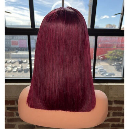 Human Hair Glueless Lace Front Straight Bob Burgundy 99j short Wig