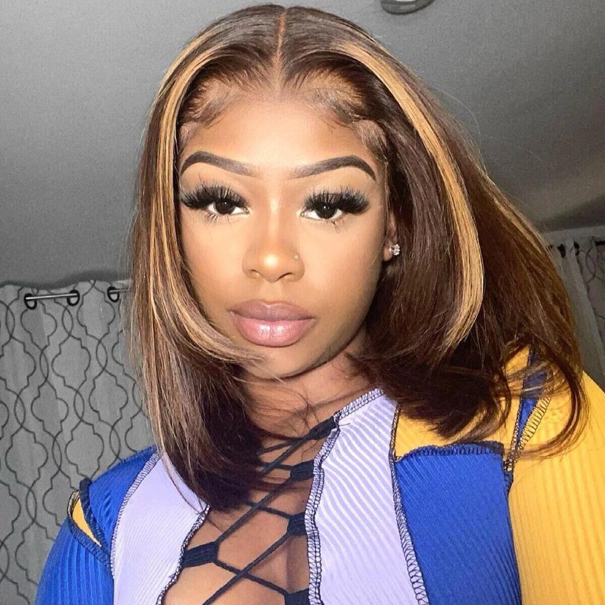 Chic Luxe Hair Bone Straight Lace Front Short Highlights Bob Wig | 100% Human Hair