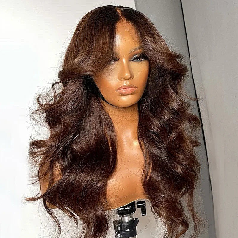 Chic Luxe Hair Chocolate Brown Body Wave With Curtain Bangs Glueless 6×5 Pre-Cut Lace Wig | 100% Human Hair
