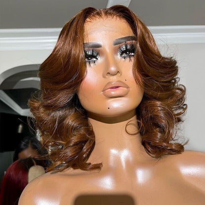 Human Hair Wig Glueless Wavy Lace Front Light Brown Wavy Short Bob