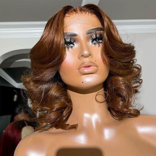 Human Hair Wig Glueless Wavy Lace Front Light Brown Wavy Short Bob