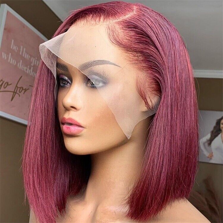 Human Hair Straight Short Bob Full Lace Front Wig UK 99J