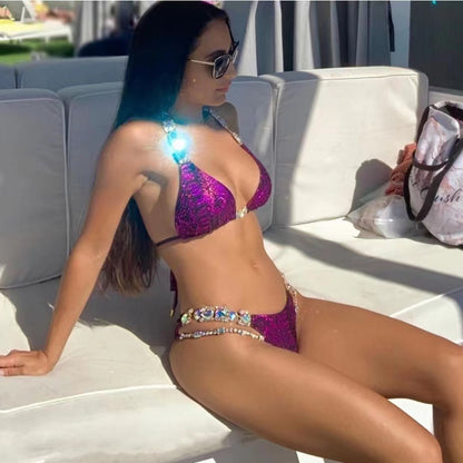Traje de baño de playa con estampado de diamantes de cristal para vacaciones junto al mar
