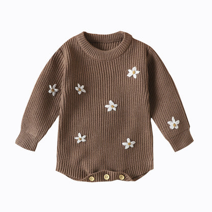 Infant Casual Flower Embroidered Sweater Long Sleeve Jumpsuit