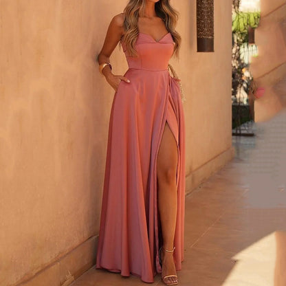 Vestido sexy de color liso con abertura y tirantes en los hombros