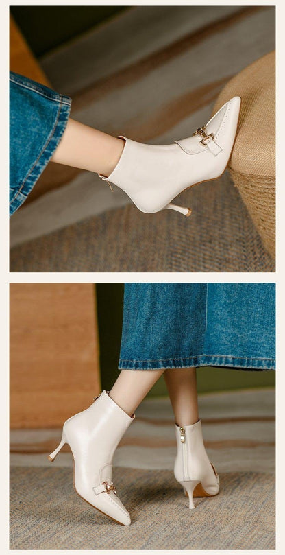 Women's Fashion Retro Pointed Toe Metal Buckle Ankle Boots