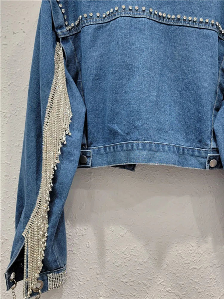 Women's Denim Coats Spliced Diamonds Tassel Metal Chains Rhinestone Long Sleeves Jacket  Autumn New Fashion