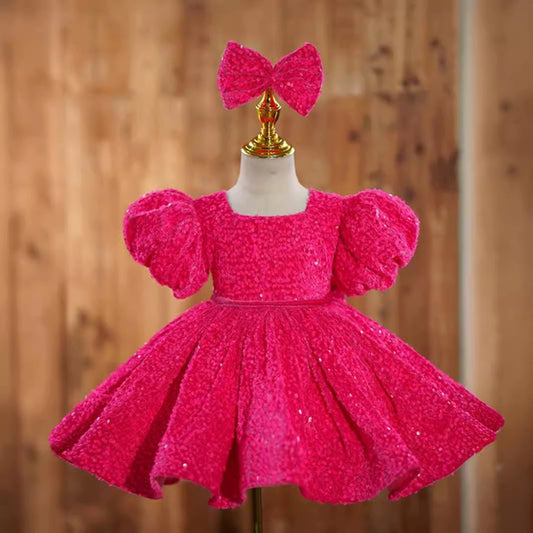 Rose red girls' dress birthday party princess runway piano performance costume flower girl short skirt