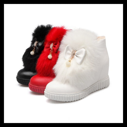 Botas de nieve blancas peludas con lazo plano para mujer