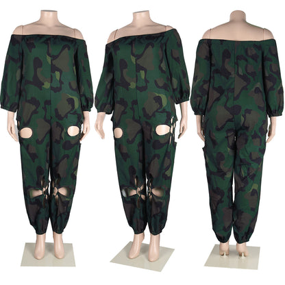 Sexy Slim Backless Crocheted Floral Print Plus Size Jumpsuit
