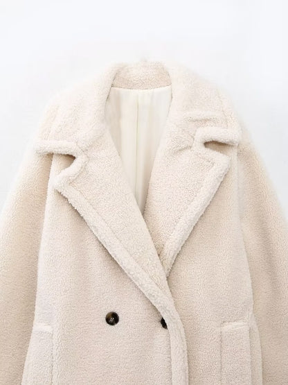 Abrigo largo de lana de cordero informal de color liso para mujer nuevo de otoño e invierno