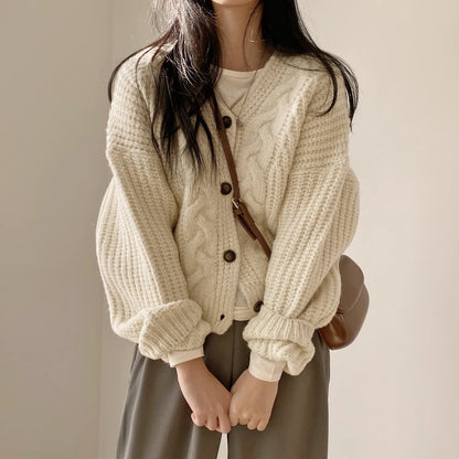 Knit Cardigan for Women Spring and Autumn Vintage Short Stature Loose Long Sleeve French Cable Knit Sweater Outerwear