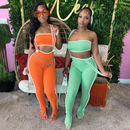 Color Matching Sunken Stripe Suspender Pants Sports And Leisure Suit