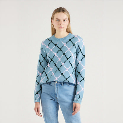 Geometric diamond grid jacquard round neck long sleeved knitted sweater sweet and fashionable sweater for women