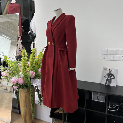 Woolen waist cinching coat