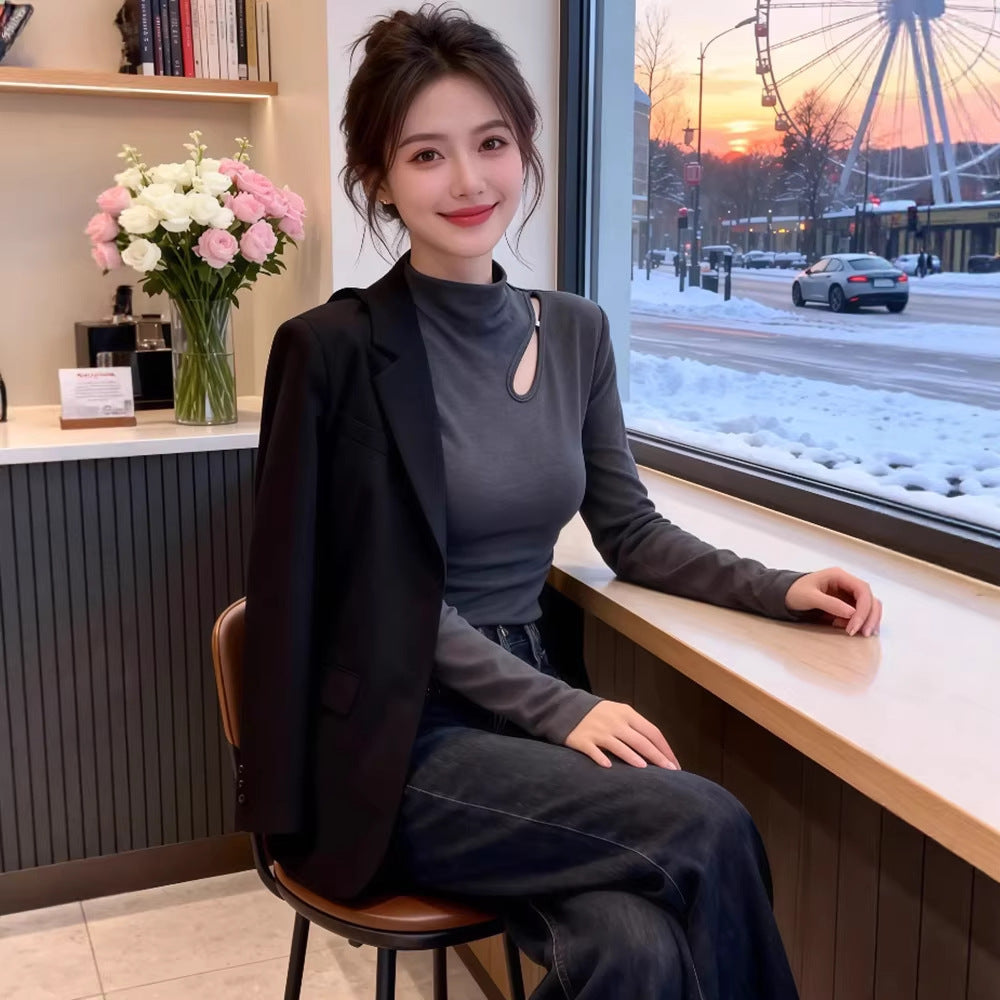 Chic High Neck Hollow Knit Fleece-Lined Warm Inner Layer Top for Women
