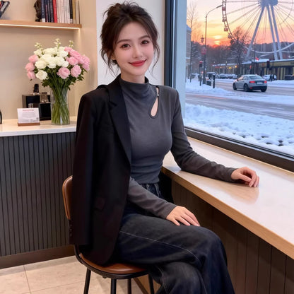 Chic High Neck Hollow Knit Fleece-Lined Warm Inner Layer Top for Women