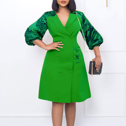Stylish Thunle Print Patchwork Suit Neck Dress
