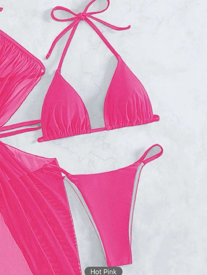 Bikini de cuello halter de 3 piezas para playa, traje de baño dividido de color sólido para verano, ropa de mujer