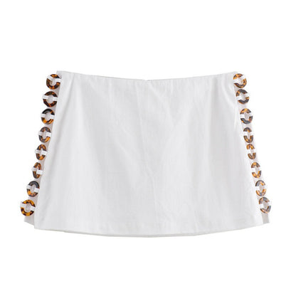 Accessories hanging neck short top, short skirt and pants set for women