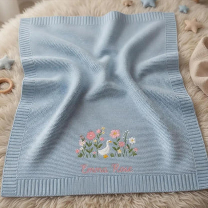 Cotton Knitted Baby Blanket with Embroidered Bear and Personalized Name, Soft Infant Car Seat Cover and Nap Blanket