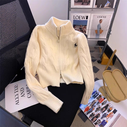 Retro floral stand up collar sweater jacket for women