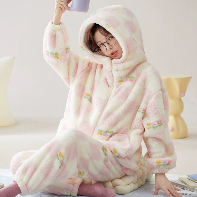 Hooded Coral Velvet Pajamas Women's Winter