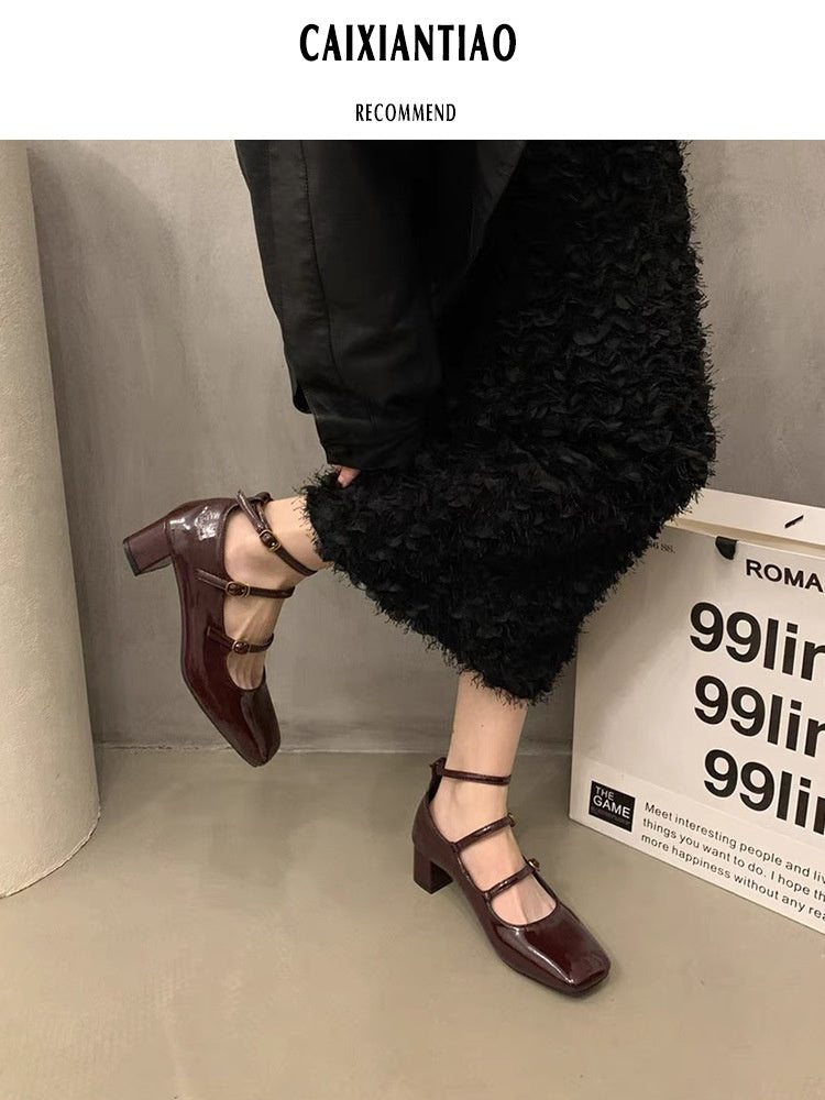 Silver Square Toe French Style Women's Shoes Chunky Heel Pumps High Heels
