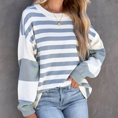 Modischer, lässiger Pullover mit gestreiften Schultern für Damen