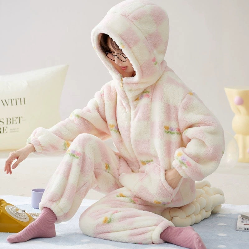 Hooded Coral Velvet Pajamas Women's Winter