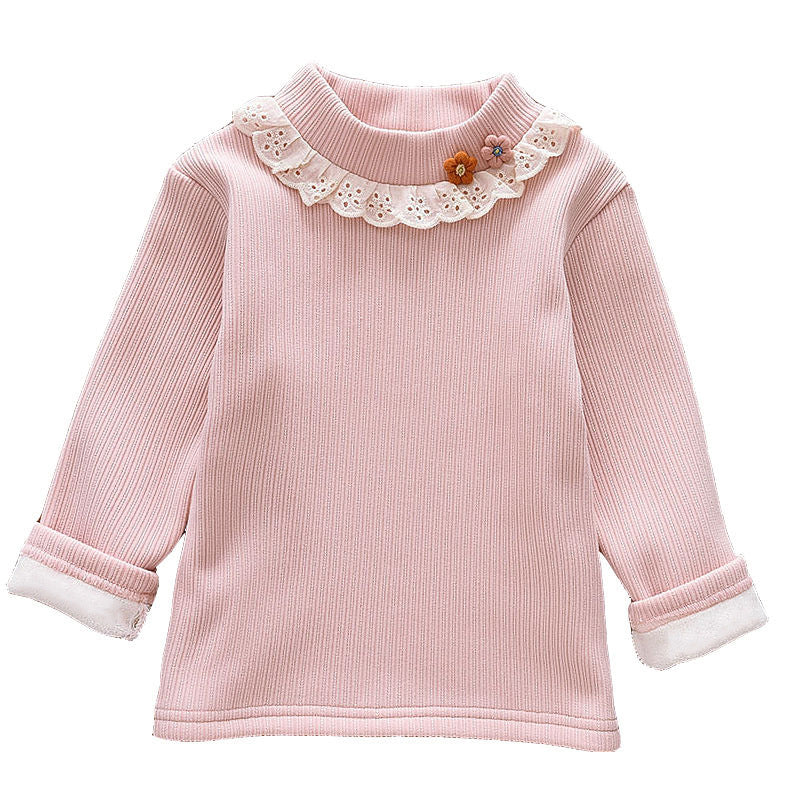 Girls' Winter Thermal Base Layer, Fleece-Lined Half-High Neck Knit Top with Lace Trim, Floral Patterned Innerwear Sweater for Kids