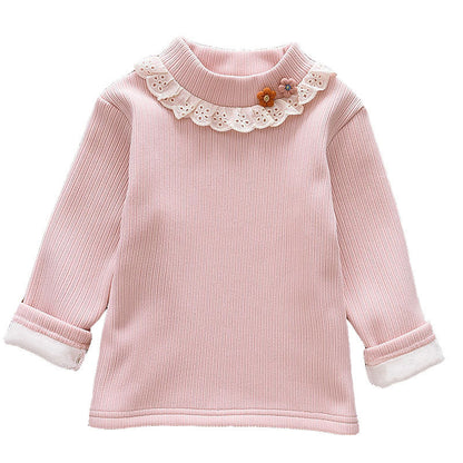 Girls' Winter Thermal Base Layer, Fleece-Lined Half-High Neck Knit Top with Lace Trim, Floral Patterned Innerwear Sweater for Kids